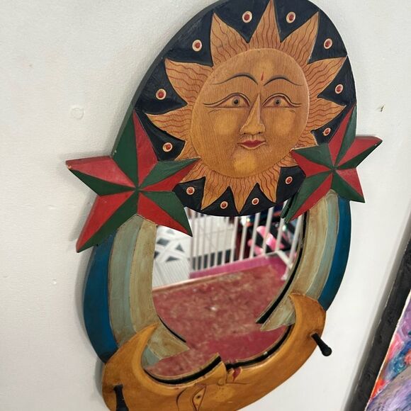 Vintage 23" Boho Celestial Wood Wall Mirror Moon Sun Stars Hand Painted Preowned - Picture 5 of 12
